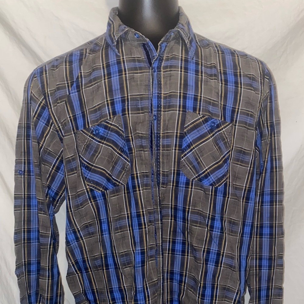 Bugatchi Shaped Fit Woven 100% Cotton Button Up Blue & Gray Shirt Men's XXL
